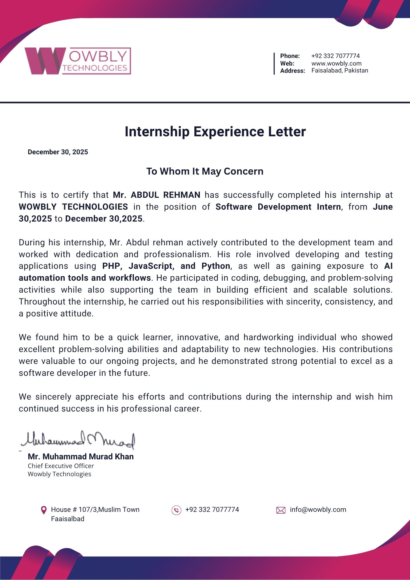 6-Month Internship Certificate